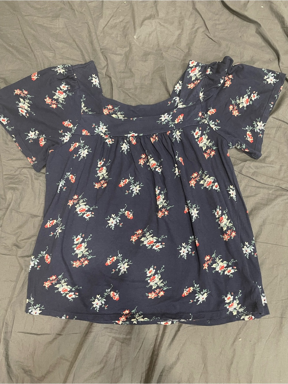 Lucky Brand Navy Floral Short Sleeve Square Neck Blouse